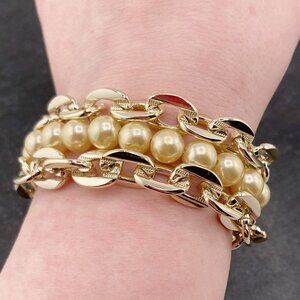 VINTAGE Gold tone metal chain and faux dark cream pearl multi-strand bracelet